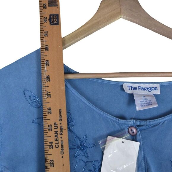 The Paragon 2X Blue Embroidered Button Front Top Rayon Boho Tunic Shirt - Picture 6 of 8